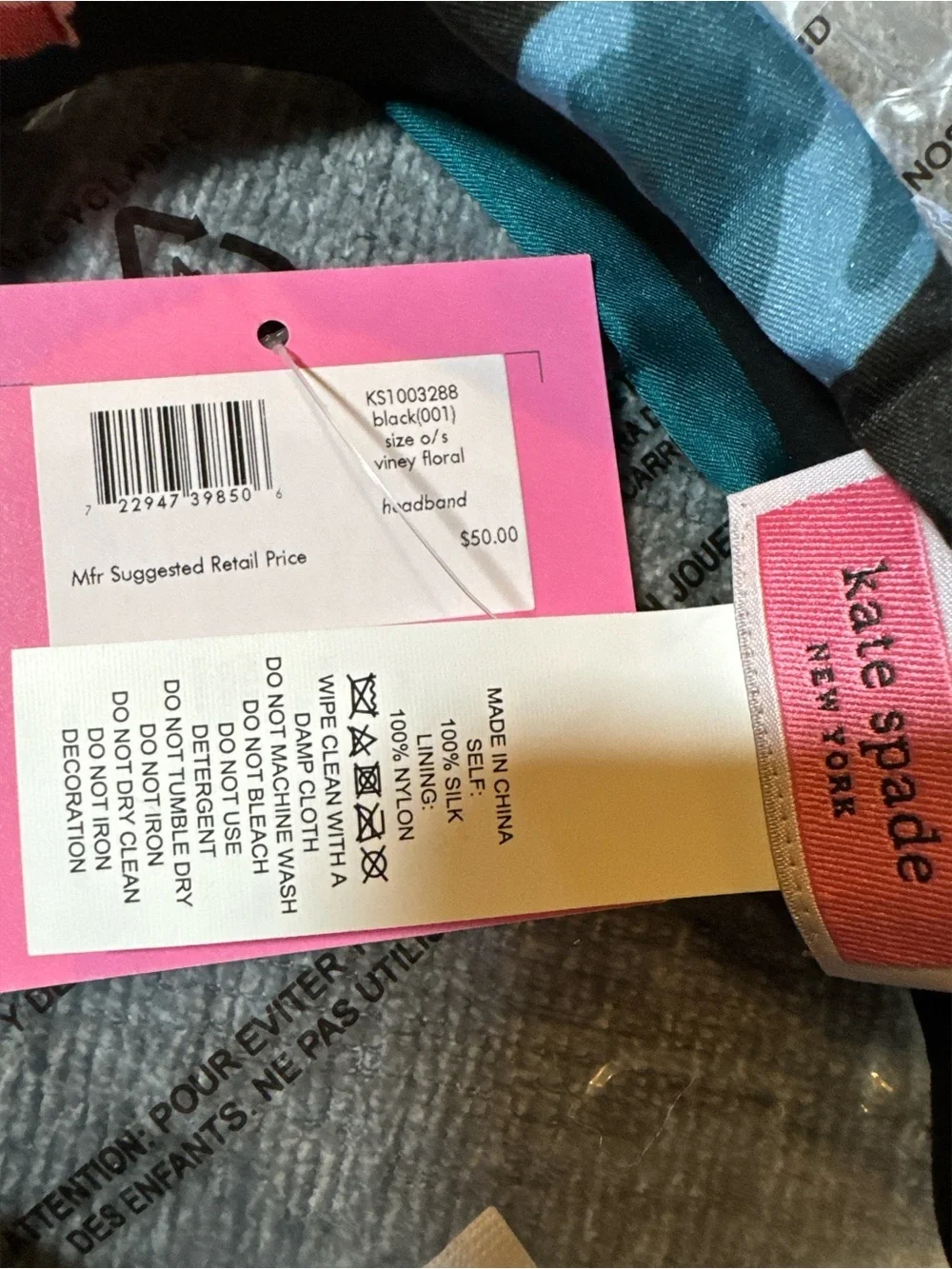 kate spade NIP Black Floral SILK  Headband with Teal & Pink Accents